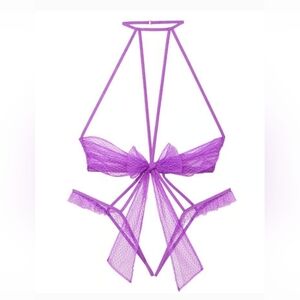 NWT, Victoria's Secret,Purple, Lace,Bow,Open Cup, Crotchless Playsuit -Ladies XS